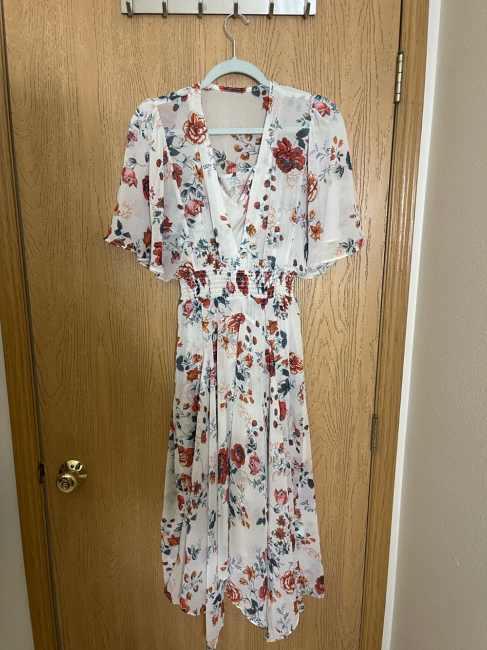 Maje White Floral Wrap Midi Dress with Red and Green Print